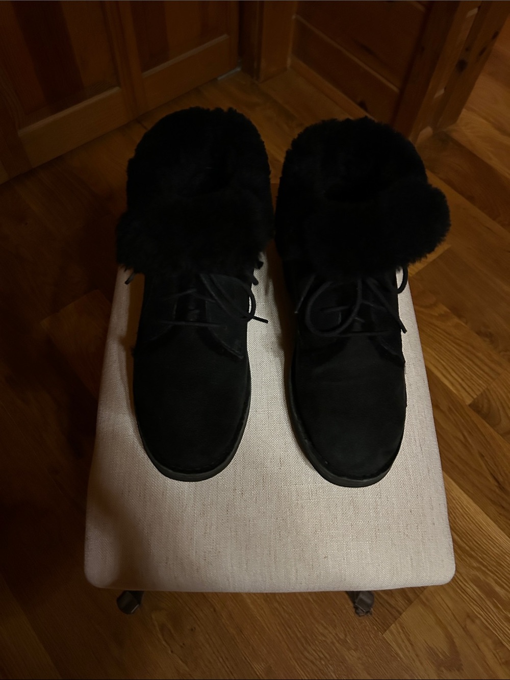 UGG Black Suede Fur-Cuff Lace-Up Ankle Boots